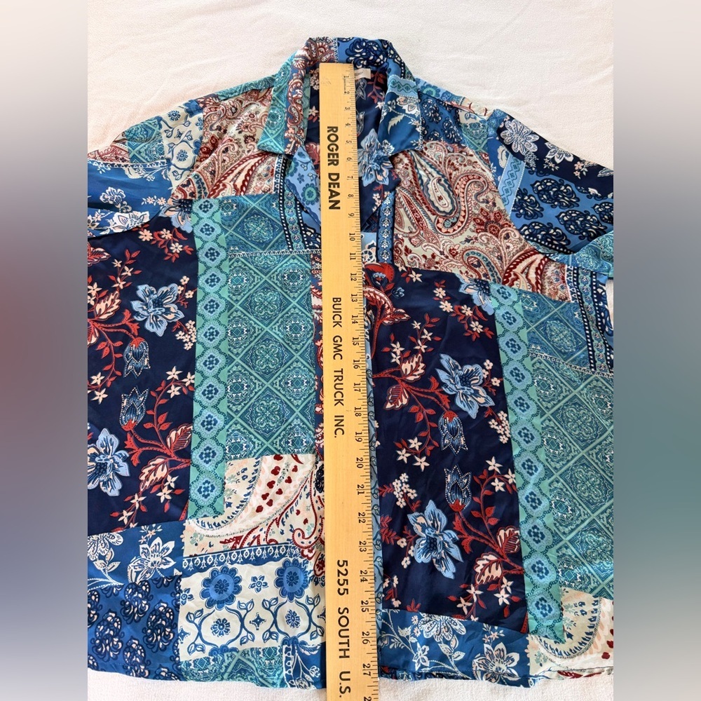 Patchwork Paisley Geometric Satin Button Up Shirt… - image 6